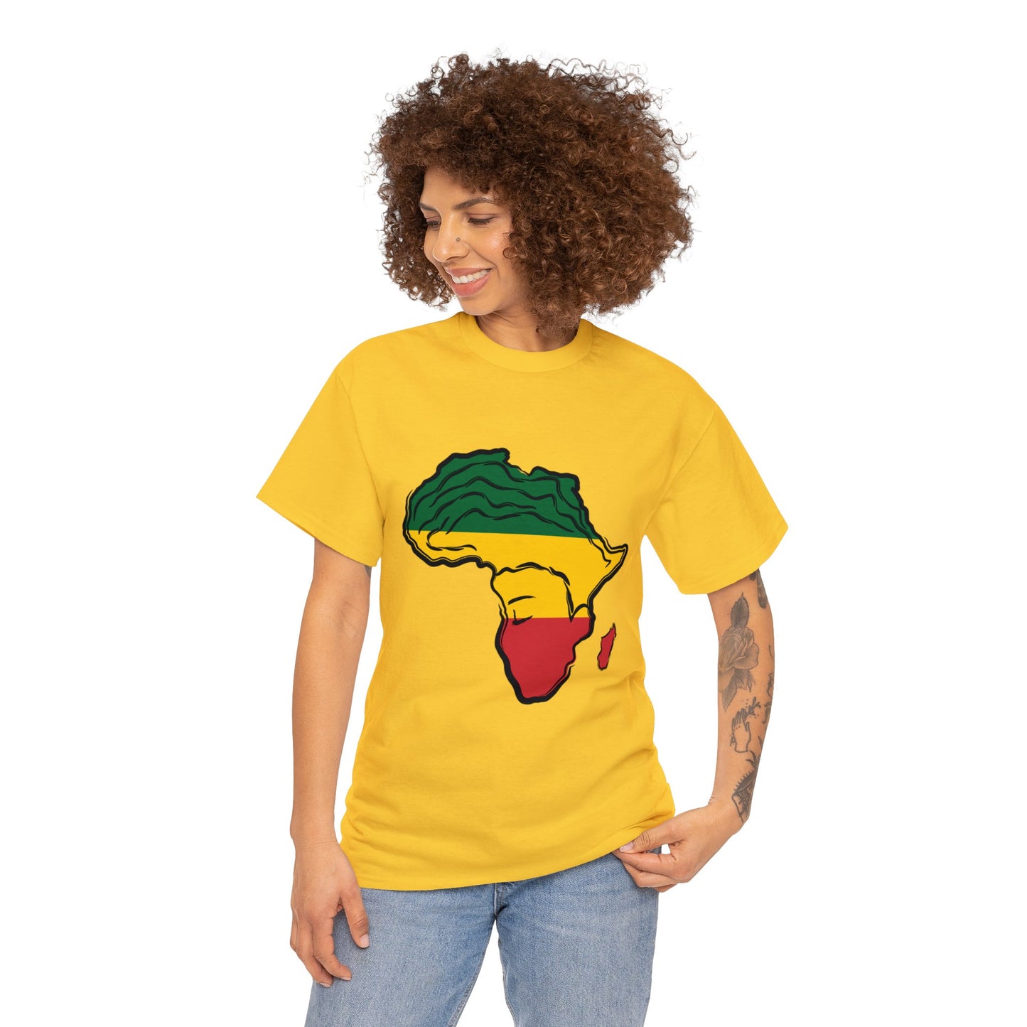 African Woman Unisex Heavy Cotton T-shirt, Green, Yellow, and Red African-shaped Design