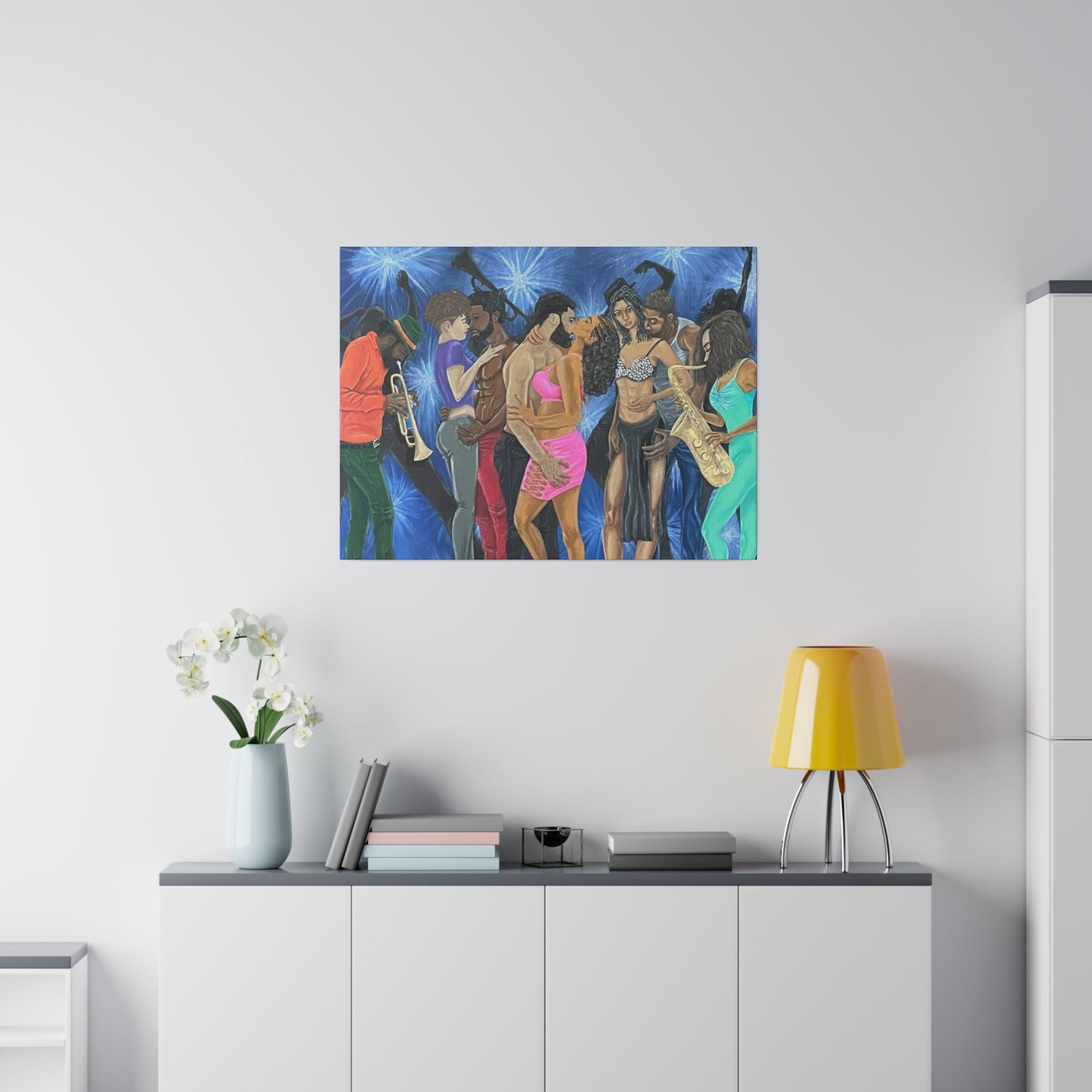 Jazzy Seduction of Dancers with Jazz Instruments in a Club Scene Painting on Matte Canvas