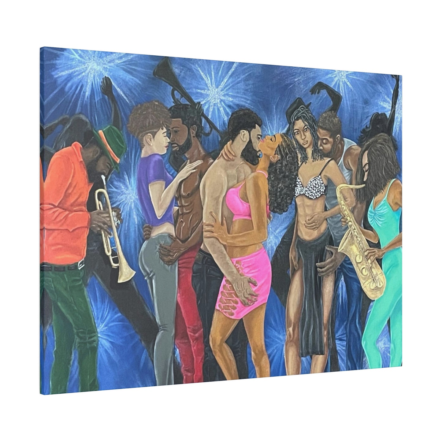 Jazzy Seduction of Dancers with Jazz Instruments in a Club Scene Painting on Matte Canvas