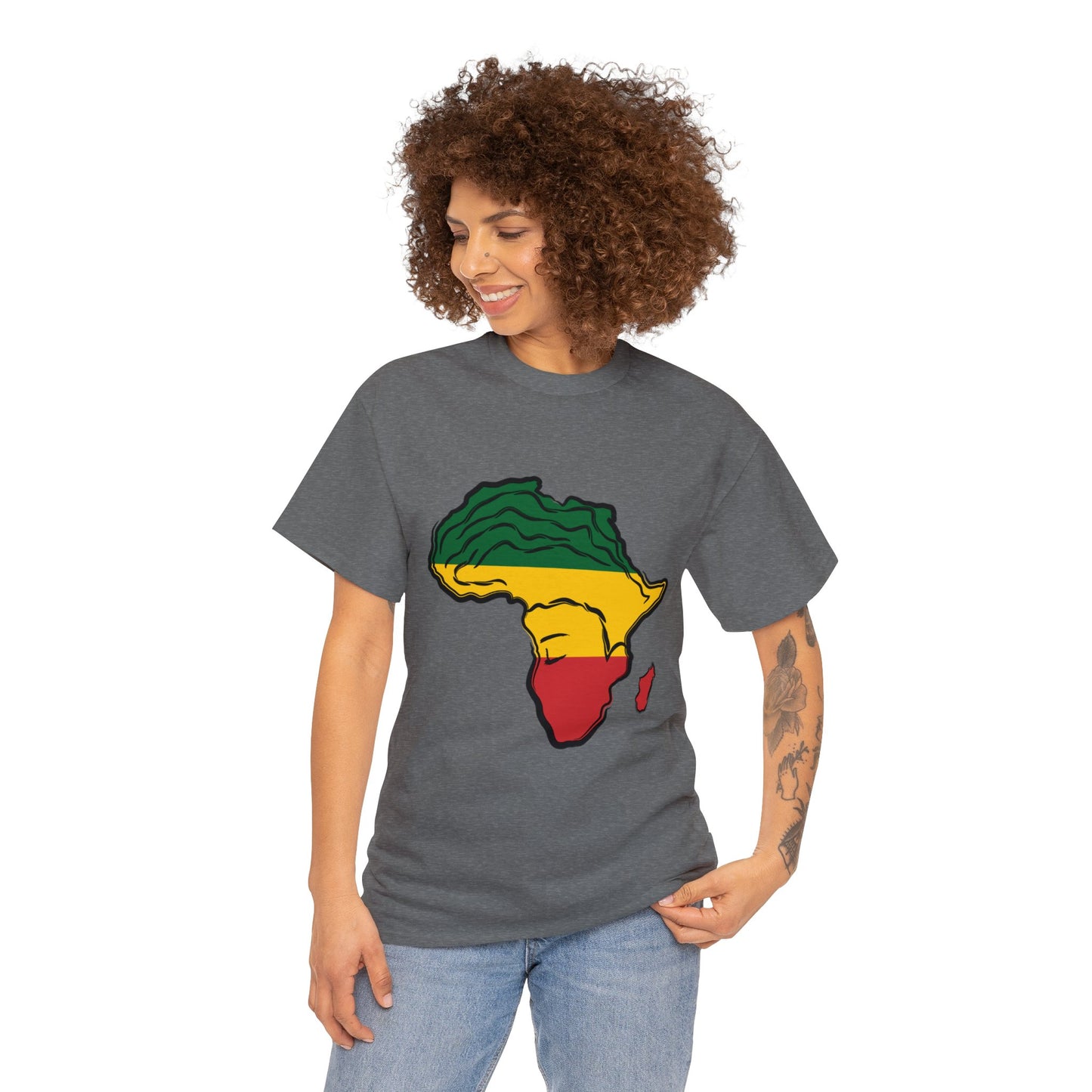 African Woman Unisex Heavy Cotton T-shirt, Green, Yellow, and Red African-shaped Design