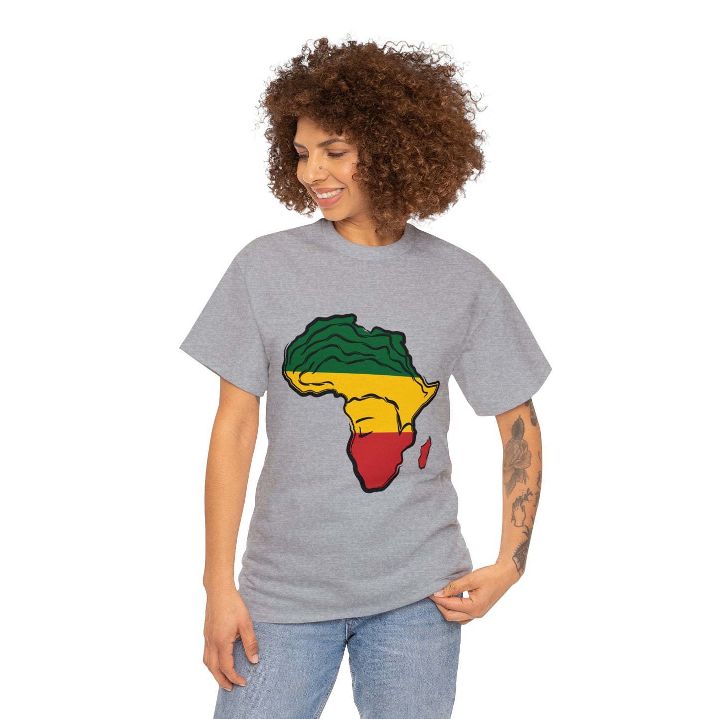 African Woman Unisex Heavy Cotton T-shirt, Green, Yellow, and Red African-shaped Design