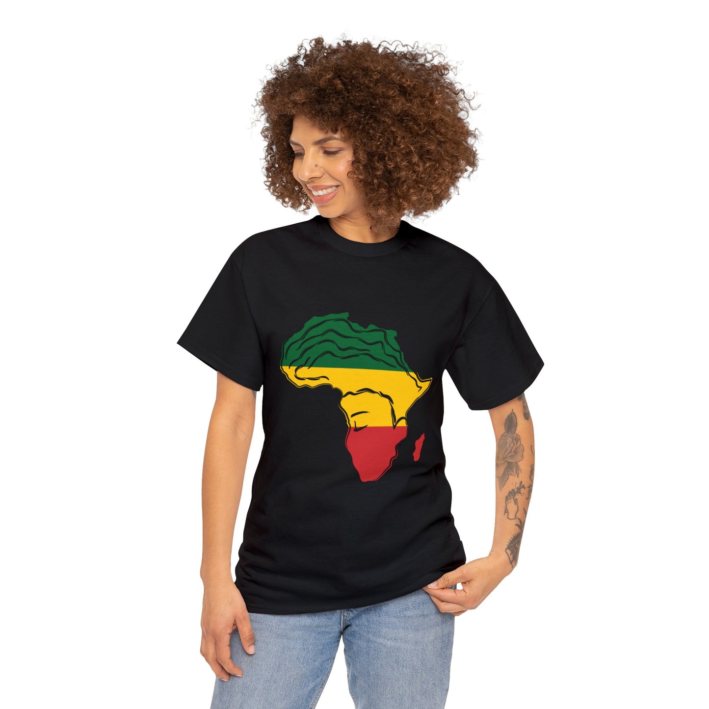 African Woman Unisex Heavy Cotton T-shirt, Green, Yellow, and Red African-shaped Design