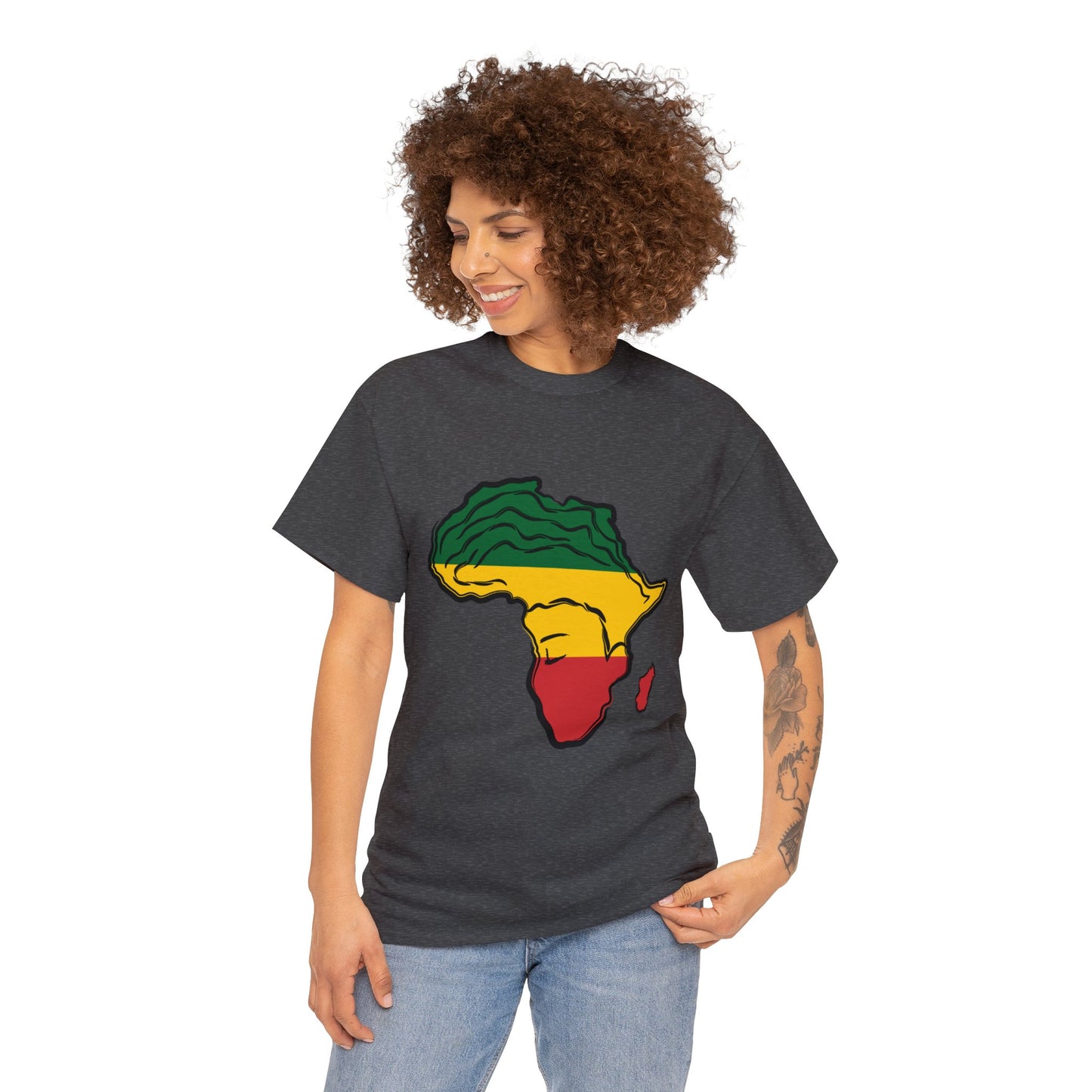 African Woman Unisex Heavy Cotton T-shirt, Green, Yellow, and Red African-shaped Design