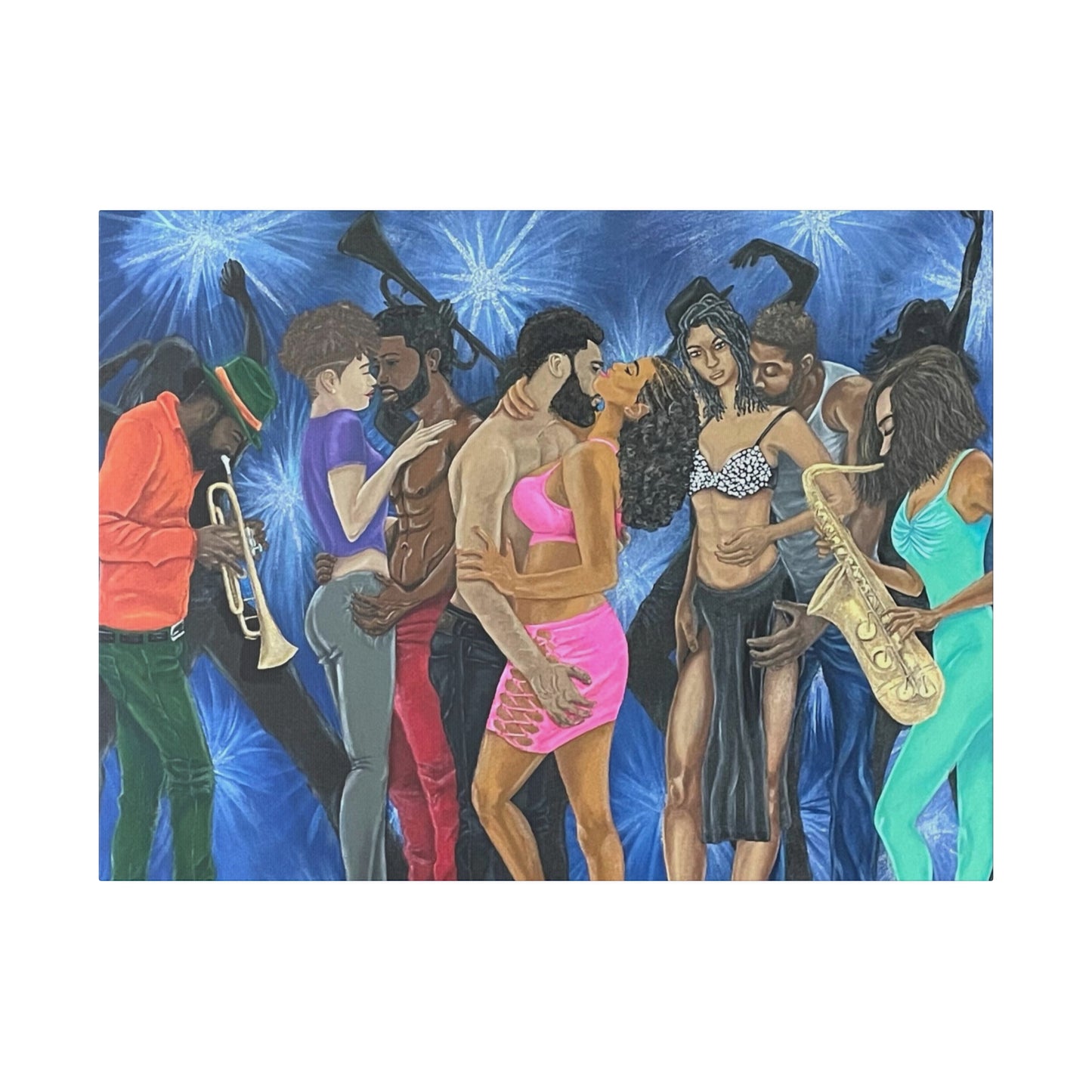 Jazzy Seduction of Dancers with Jazz Instruments in a Club Scene Painting on Matte Canvas