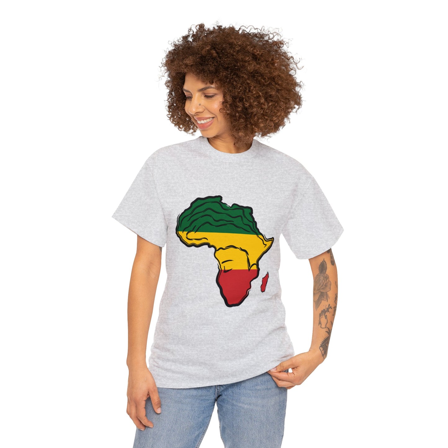 African Woman Unisex Heavy Cotton T-shirt, Green, Yellow, and Red African-shaped Design