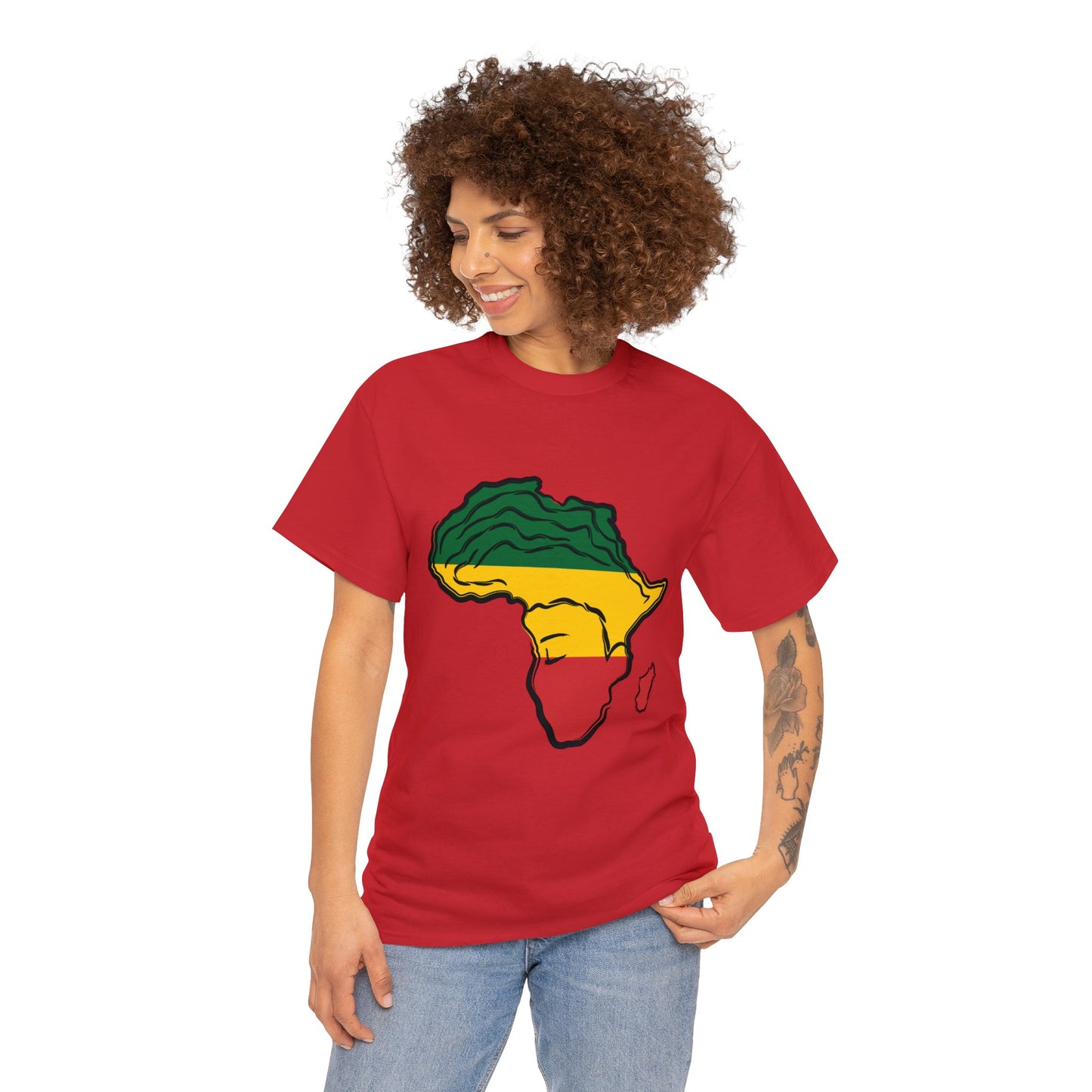 African Woman Unisex Heavy Cotton T-shirt, Green, Yellow, and Red African-shaped Design