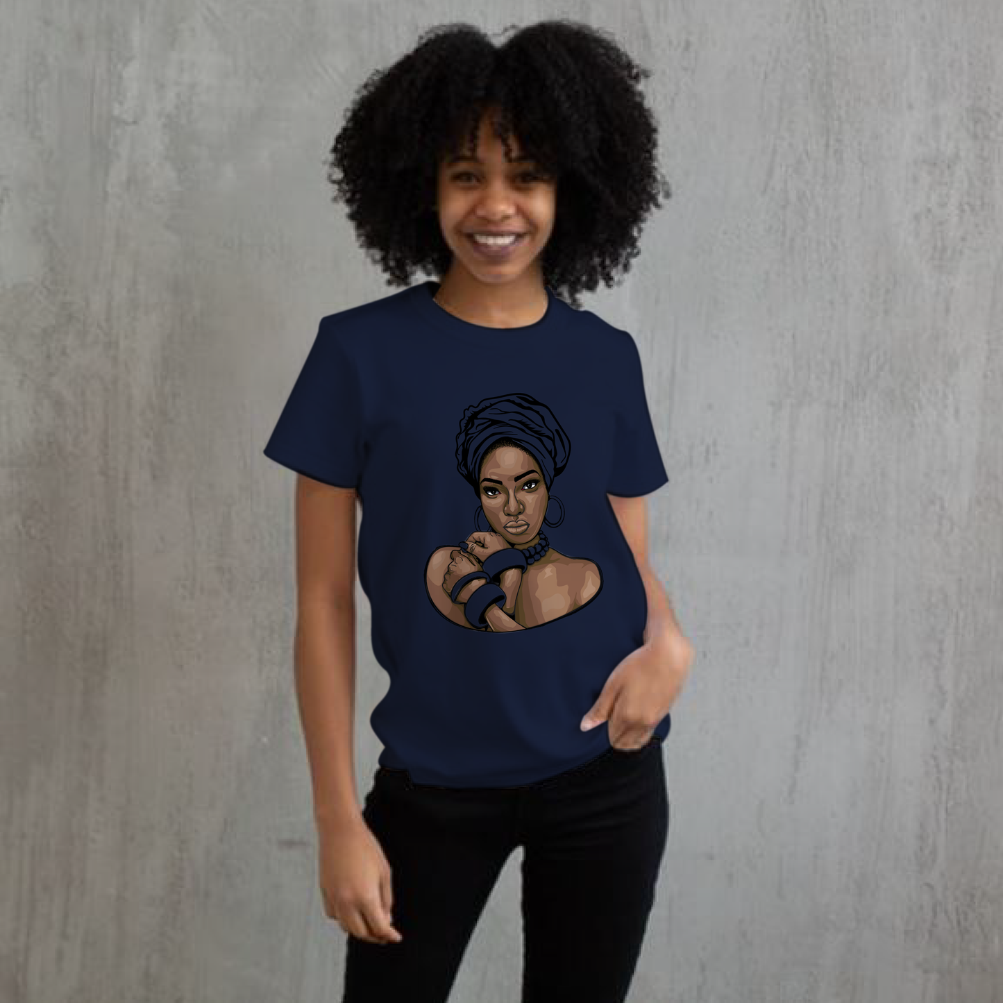 Lady in Head Wrap with Hoop Earrings and bracelets short sleeve Unisex Cotton Tee