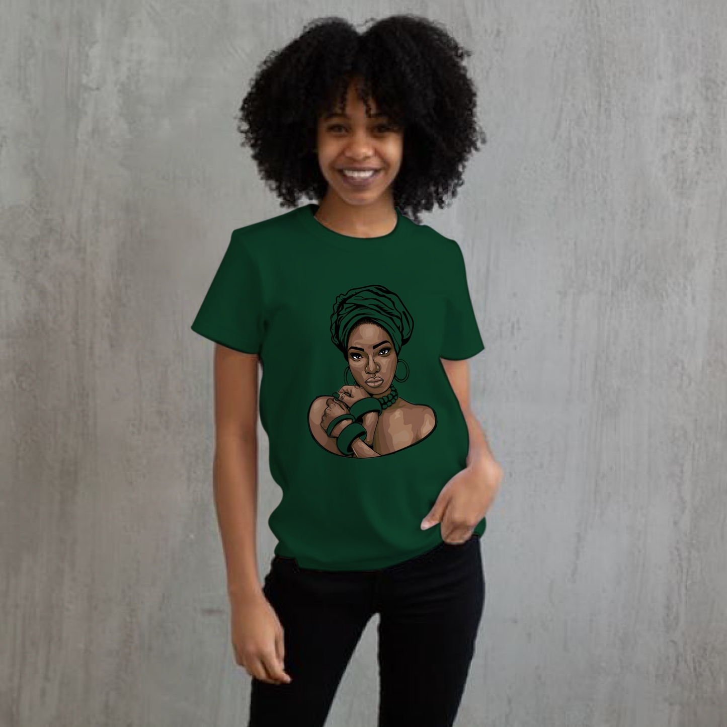 Lady in Head Wrap with Hoop Earrings and bracelets short sleeve Unisex Cotton Tee