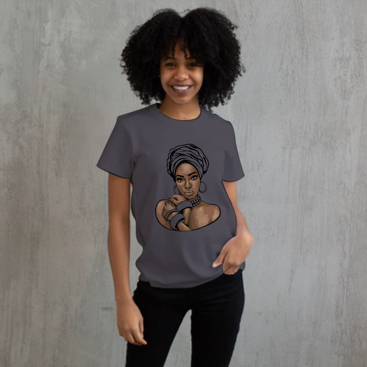 Lady in Head Wrap with Hoop Earrings and bracelets short sleeve Unisex Cotton Tee