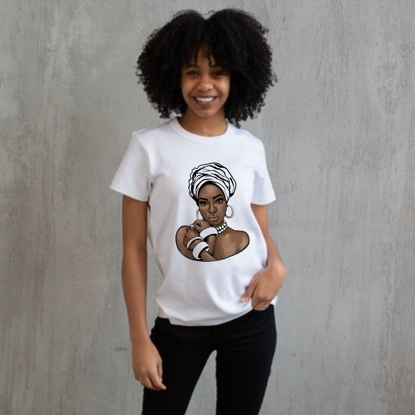 Lady in Head Wrap with Hoop Earrings and bracelets short sleeve Unisex Cotton Tee