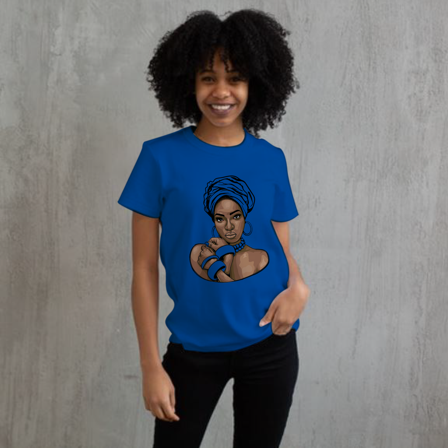 Lady in Head Wrap with Hoop Earrings and bracelets short sleeve Unisex Cotton Tee