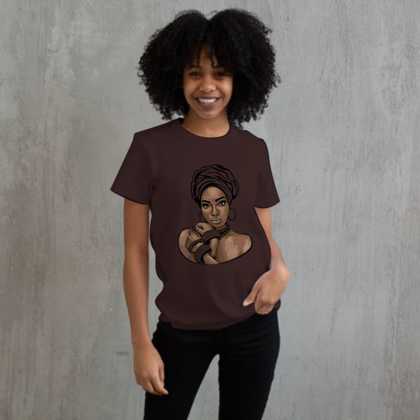 Lady in Head Wrap with Hoop Earrings and bracelets short sleeve Unisex Cotton Tee