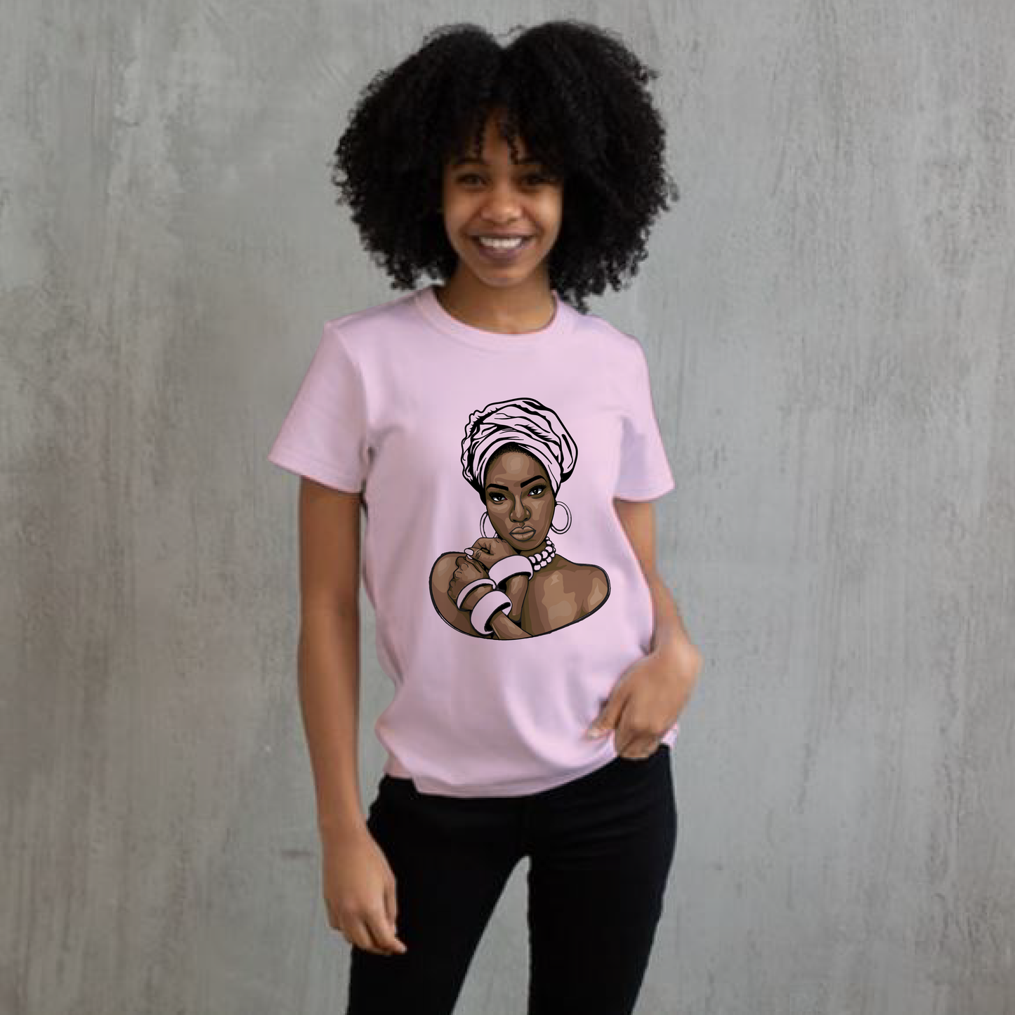 Lady in Head Wrap with Hoop Earrings and bracelets short sleeve Unisex Cotton Tee