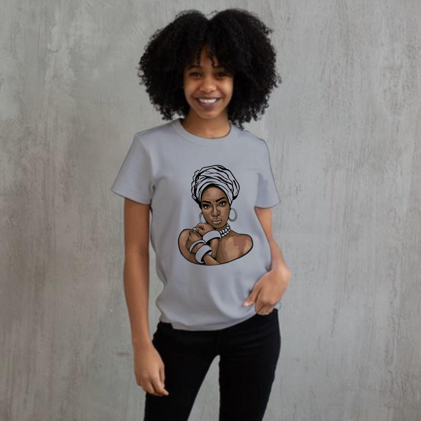 Lady in Head Wrap with Hoop Earrings and bracelets short sleeve Unisex Cotton Tee