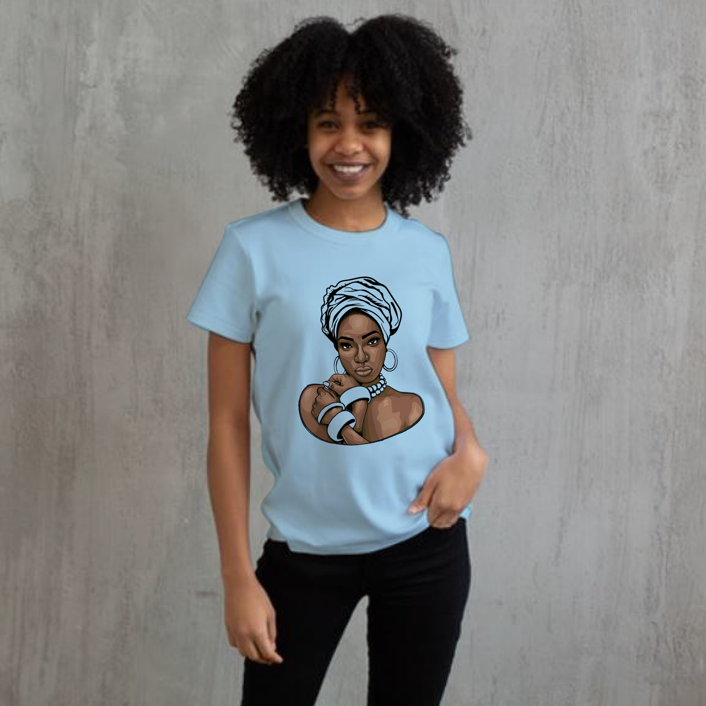 Lady in Head Wrap with Hoop Earrings and bracelets short sleeve Unisex Cotton Tee