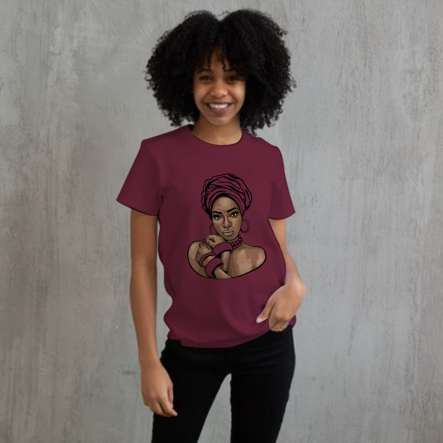 Lady in Head Wrap with Hoop Earrings and bracelets short sleeve Unisex Cotton Tee